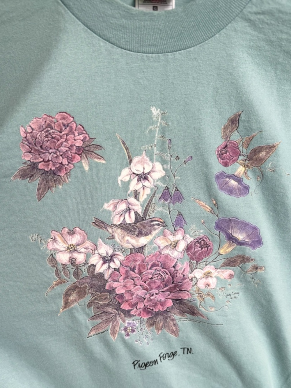 Vtg 90s Pigeon Forge TN Bird Floral Tee L 21x26 Teal Nature Fruit of the Loom - Picture 2 of 13